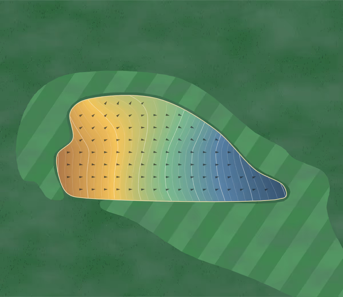 Green contour map of Azalea Hills in Ota, Japan: 182 elevation contours at a 8-centimeter interval with fall-line arrows, traced from 1-meter lidar