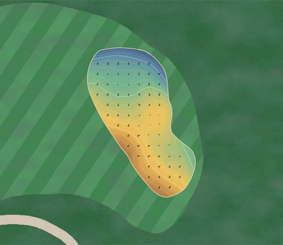 Green contour map of Back Creek G C in Middletown, Delaware: 226 elevation contours at a 3-inch interval with fall-line arrows, traced from 1-meter lidar