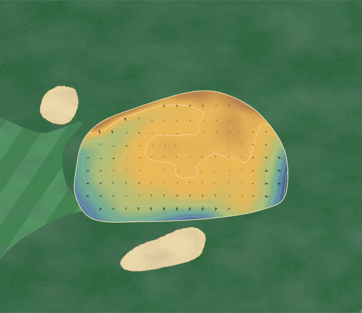 Green contour map of Badgers Sett in Bridgnorth, England: 170 elevation contours at a 8-centimeter interval with fall-line arrows, traced from 1-meter lidar