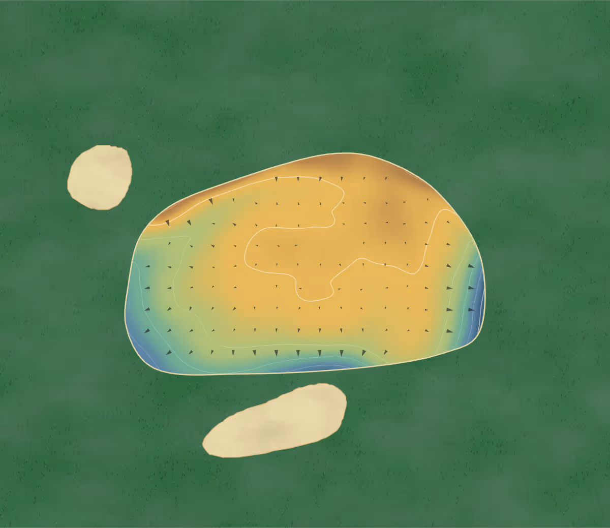 Green contour map of Badgers Sett in Bridgnorth, England — 64 elevation contours at a 8-centimeter interval with fall-line arrows, traced from 1-meter lidar