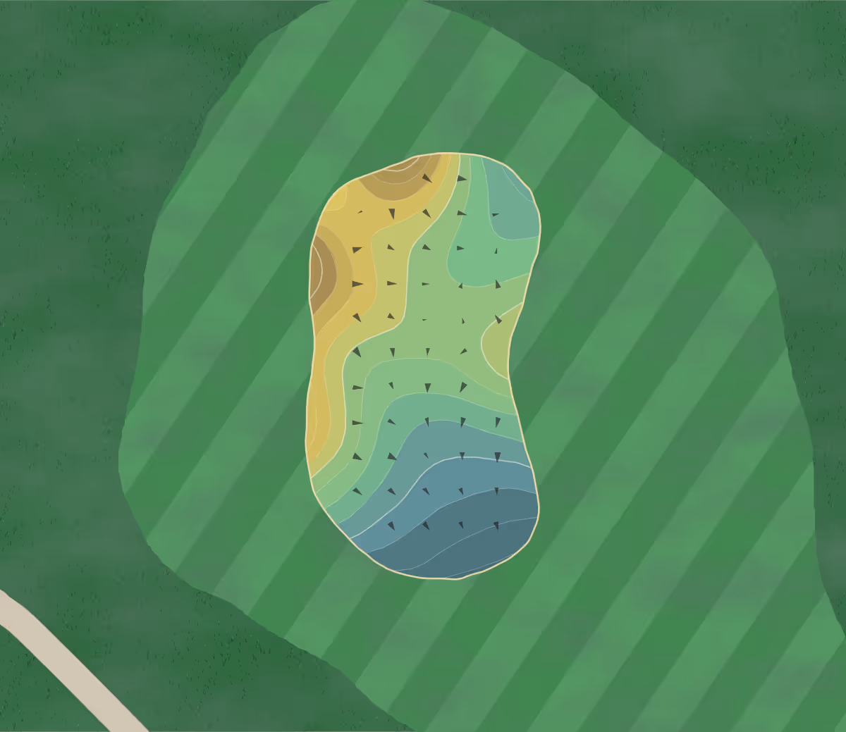Green contour map of Bailey Golf in Owasso, Oklahoma — 181 elevation contours at a 3-inch interval with fall-line arrows, traced from 1-meter lidar