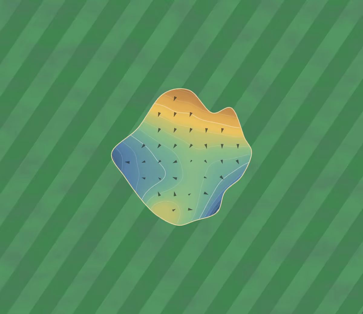 Green contour map of Bala Golf Club in Gwynnedd, Wales — 67 elevation contours at a 8-centimeter interval with fall-line arrows, traced from 1-meter lidar