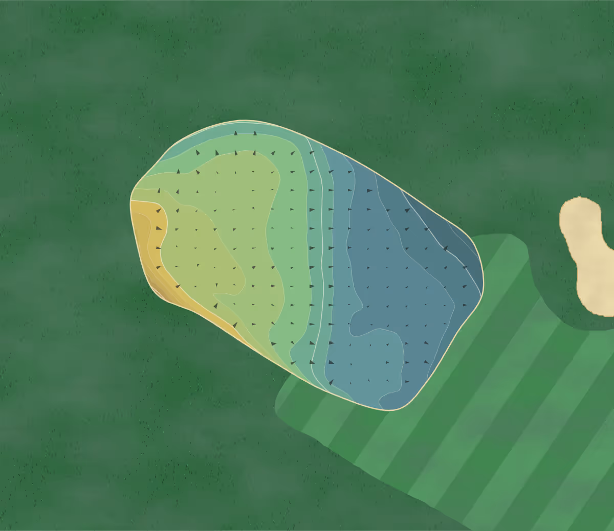 Green contour map of Balbirnie Park in Glenrothes, Scotland — 108 elevation contours at a 8-centimeter interval with fall-line arrows, traced from 1-meter lidar