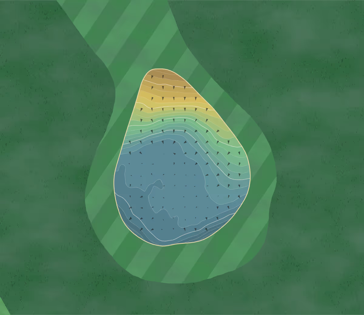 Green contour map of Balfron in Balfron, Scotland — 217 elevation contours at a 8-centimeter interval with fall-line arrows, traced from 1-meter lidar