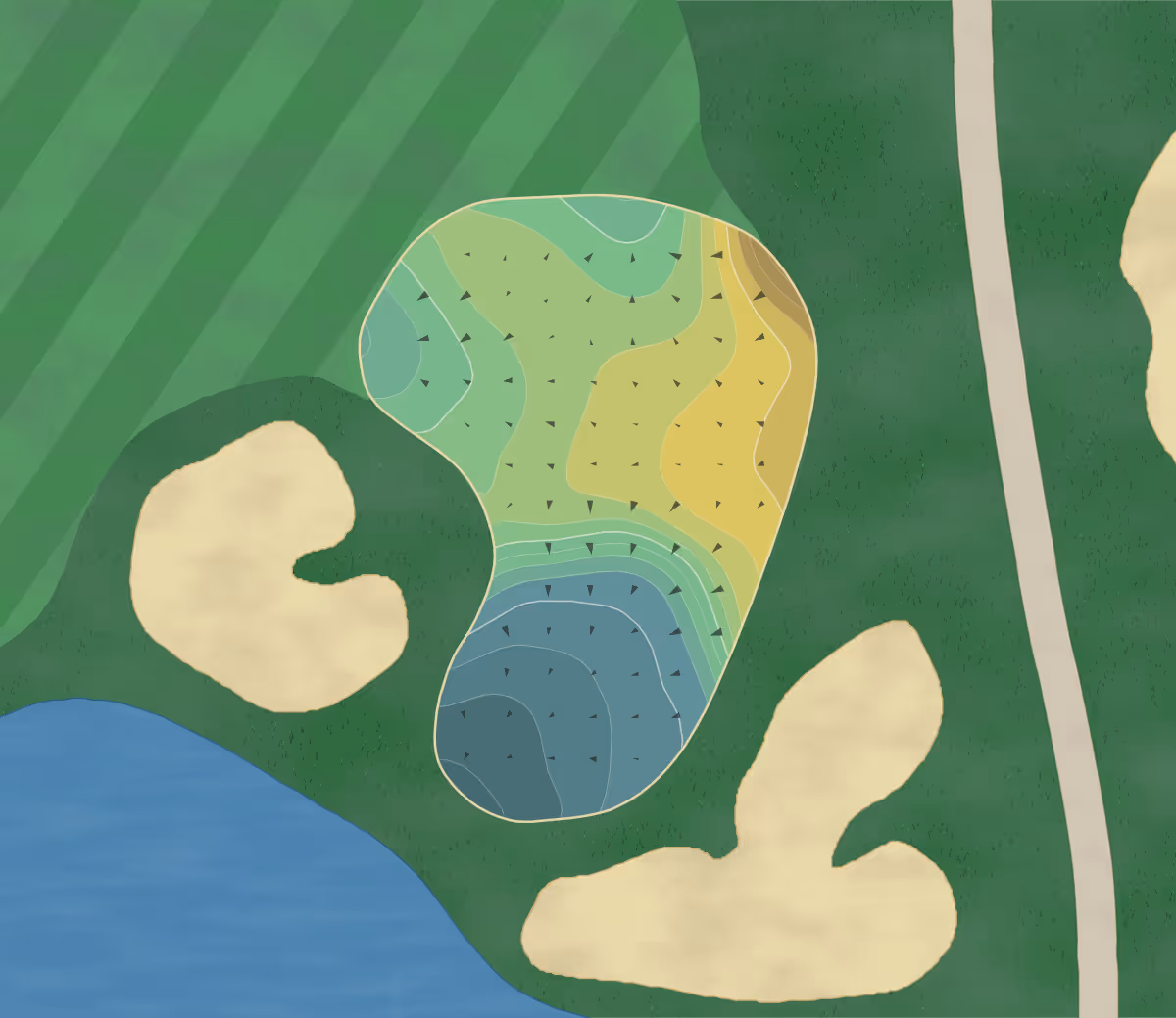 Green contour map of Ballamor GC in Egg Harbor Township, New Jersey — 194 elevation contours at a 3-inch interval with fall-line arrows, traced from 1-meter lidar