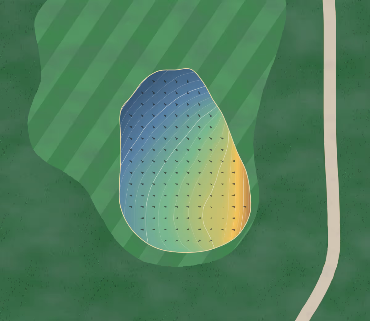 Green contour map of Ballinamore in Ballinamore, Ireland: 104 elevation contours at a 8-centimeter interval with fall-line arrows, traced from 1-meter lidar