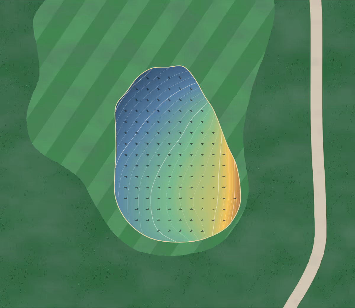 Green contour map of Ballinamore in Ballinamore, Ireland — 105 elevation contours at a 8-centimeter interval with fall-line arrows, traced from 1-meter lidar