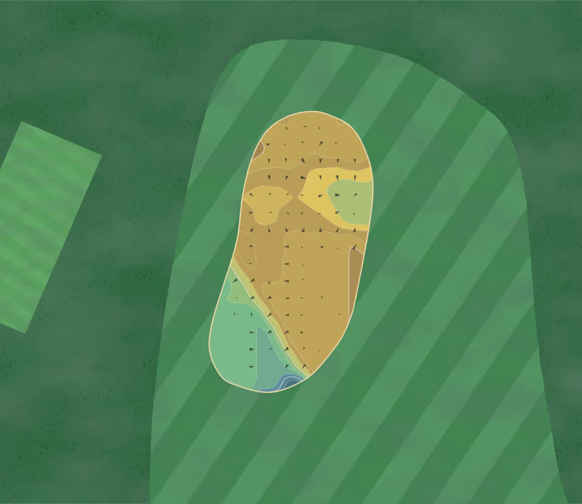 Green contour map of Ballindalloch Castle in Ballindalloch, Scotland — 39 elevation contours at a 8-centimeter interval with fall-line arrows, traced from 1-meter lidar