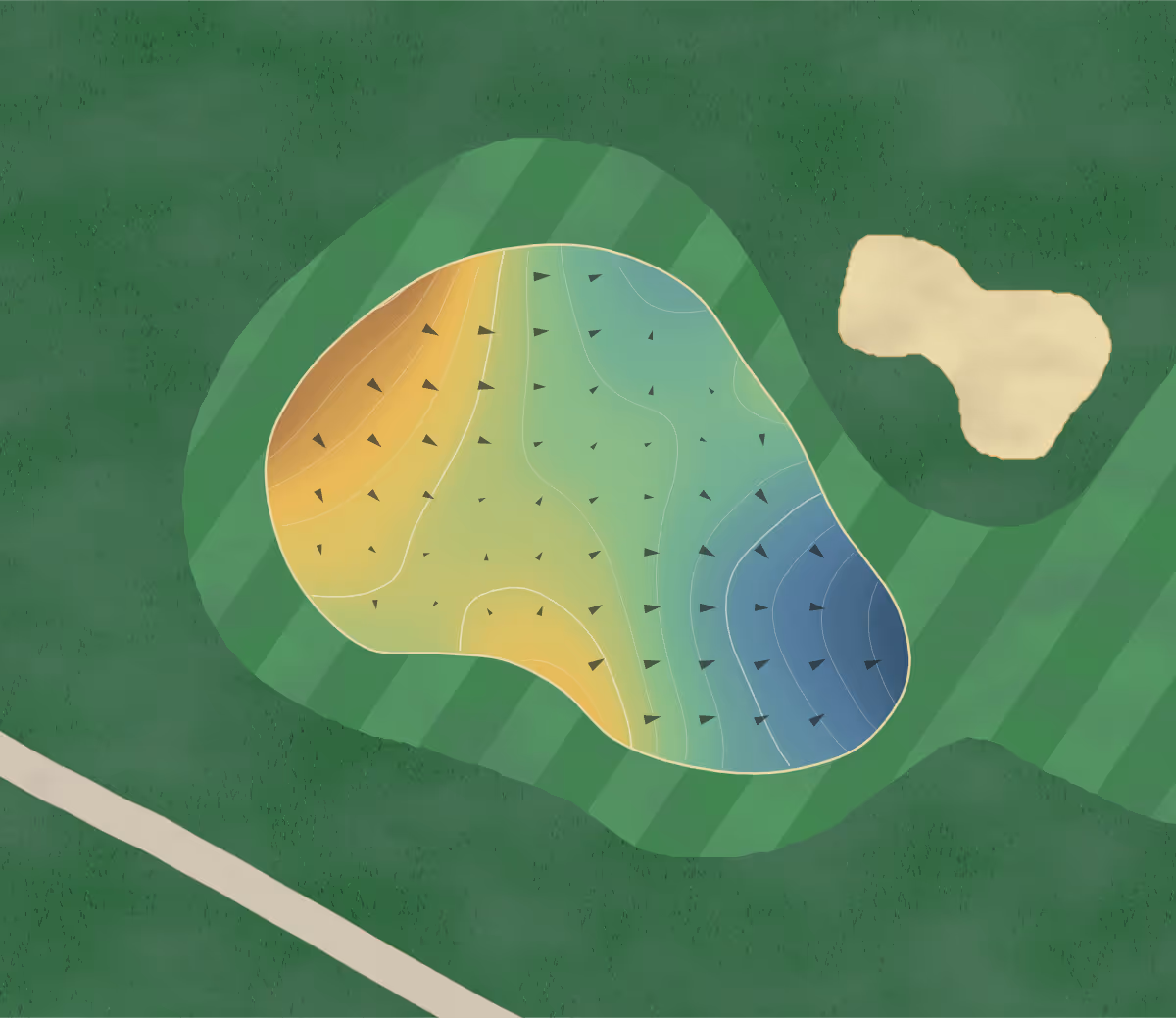 Green contour map of Ballwin Golf Course in Ballwin, Missouri — 106 elevation contours at a 3-inch interval with fall-line arrows, traced from 1-meter lidar