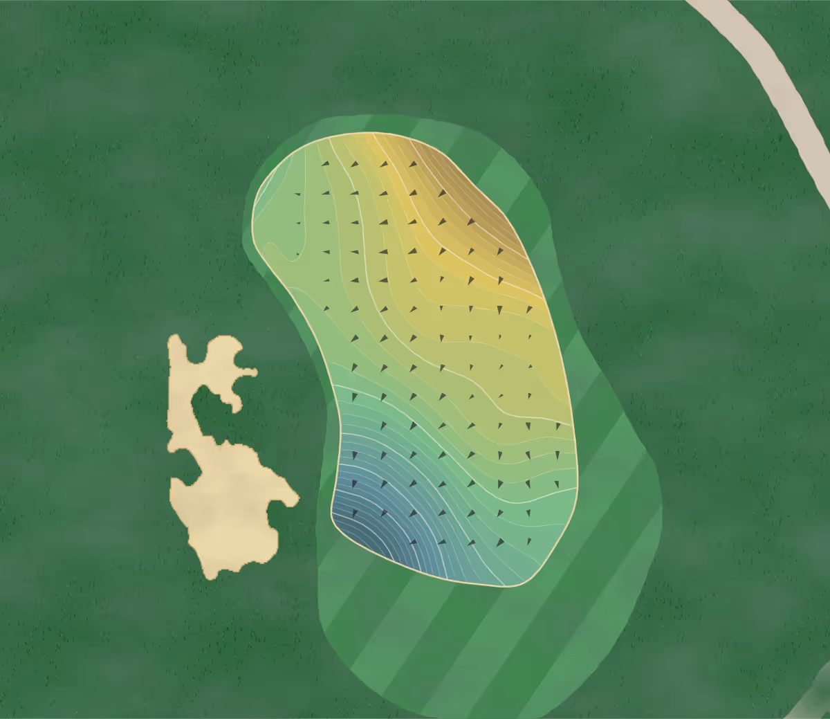 Green contour map of Ballyhack GC in Roanoke, Virginia — 328 elevation contours at a 3-inch interval with fall-line arrows, traced from 1-meter lidar