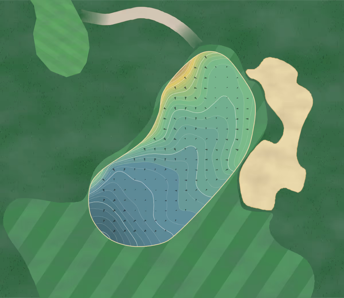 Green contour map of Bandon Dunes in Bandon, Oregon — 511 elevation contours at a 3-inch interval with fall-line arrows, traced from 1-meter lidar
