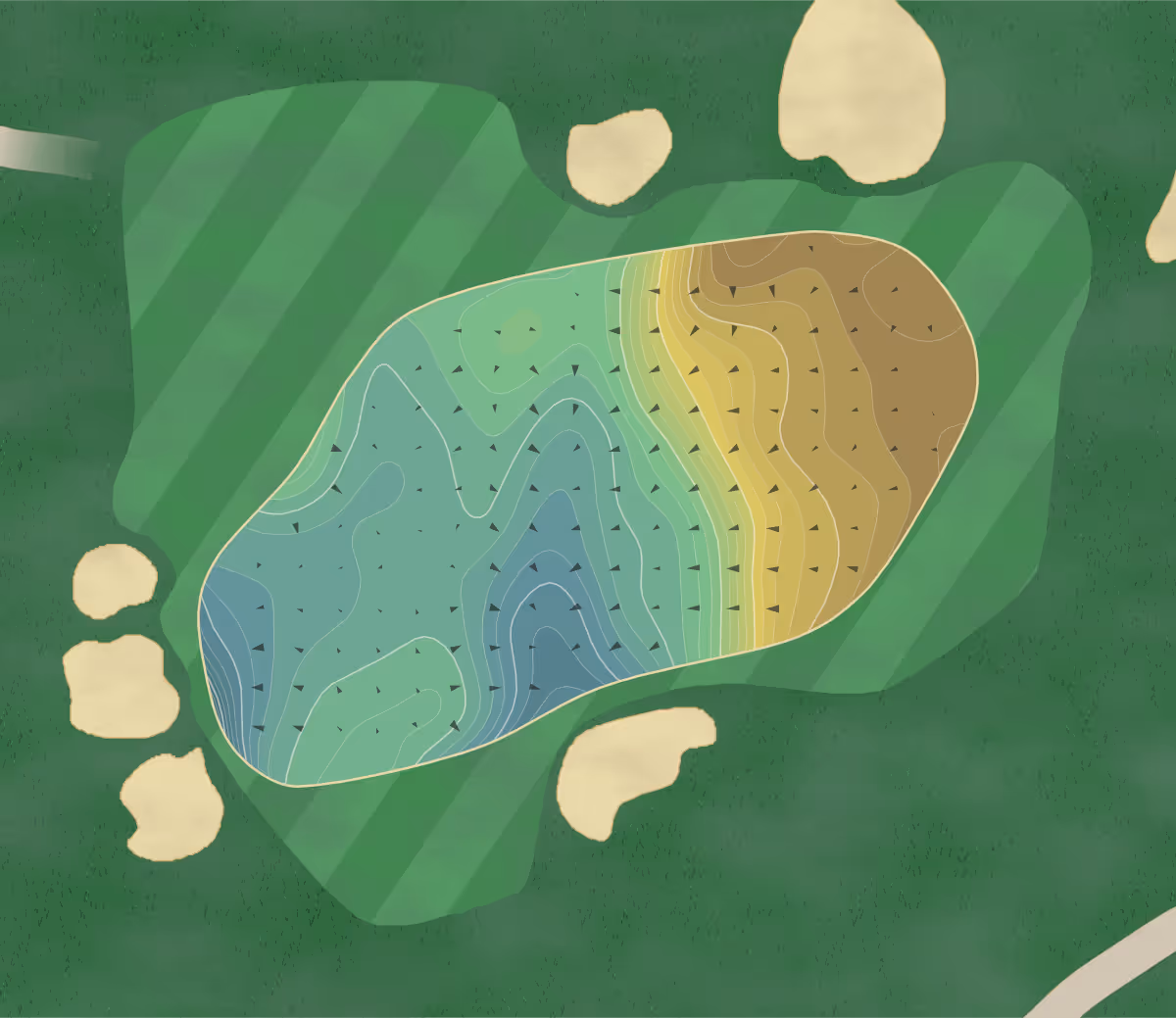 Green contour map of Bandon Trails in Bandon, Oregon — 458 elevation contours at a 3-inch interval with fall-line arrows, traced from 1-meter lidar