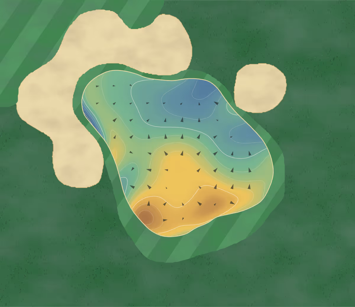 Green contour map of Bankstown in Milperra, Australia — 181 elevation contours at a 8-centimeter interval with fall-line arrows, traced from 1-meter lidar