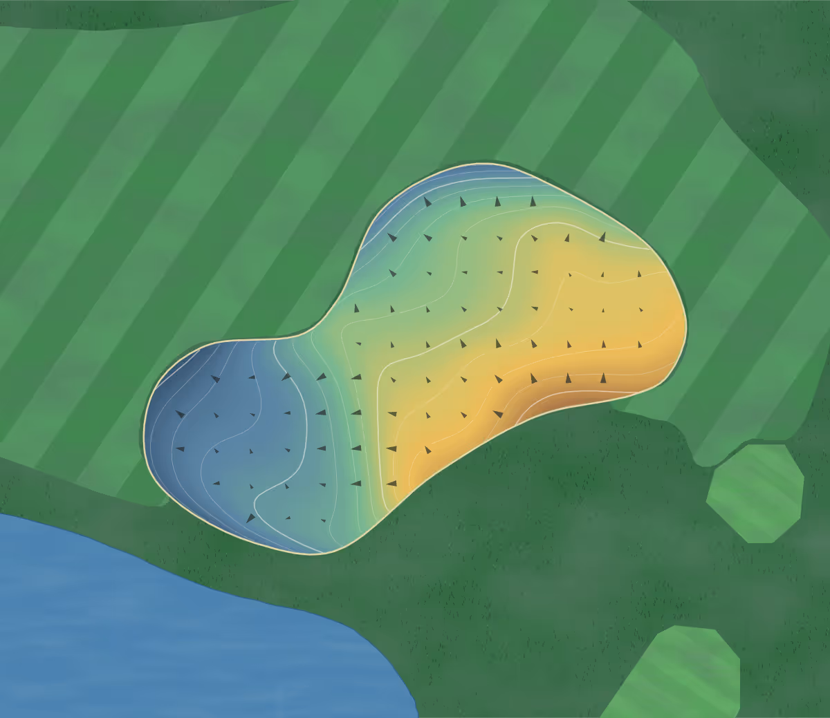 Green contour map of Banyan Cay in West Palm Beach, Florida: 232 elevation contours at a 3-inch interval with fall-line arrows, traced from 1-meter lidar
