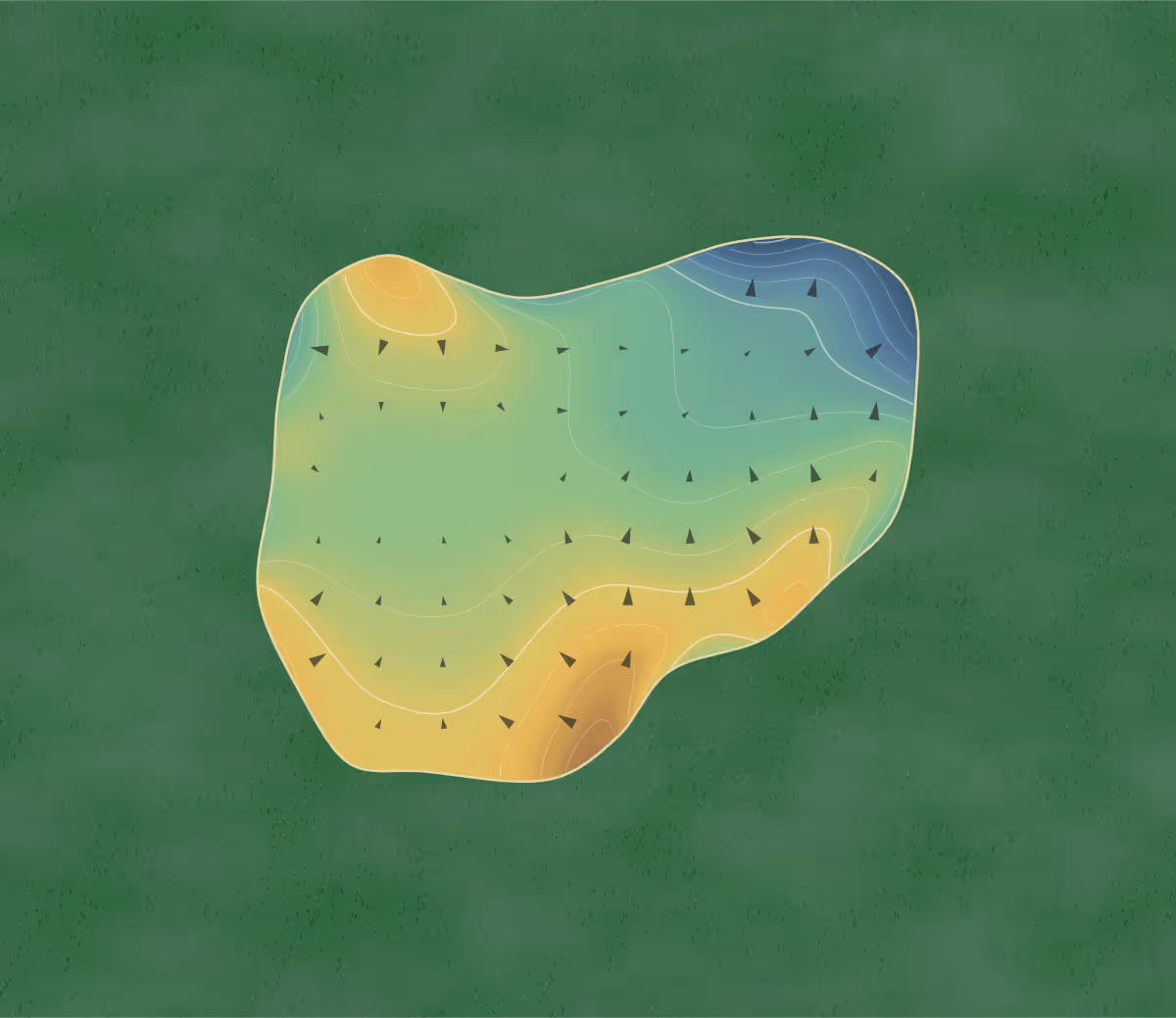 Green contour map of Bargara in Bargara, Australia — 109 elevation contours at a 8-centimeter interval with fall-line arrows, traced from 1-meter lidar