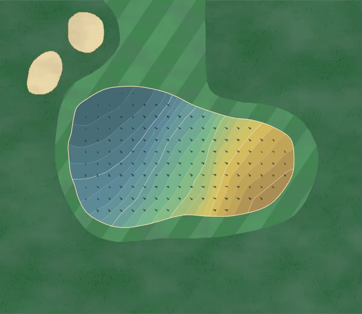 Green contour map of Barkway Park in Hertfordshire, England — 179 elevation contours at a 8-centimeter interval with fall-line arrows, traced from 1-meter lidar