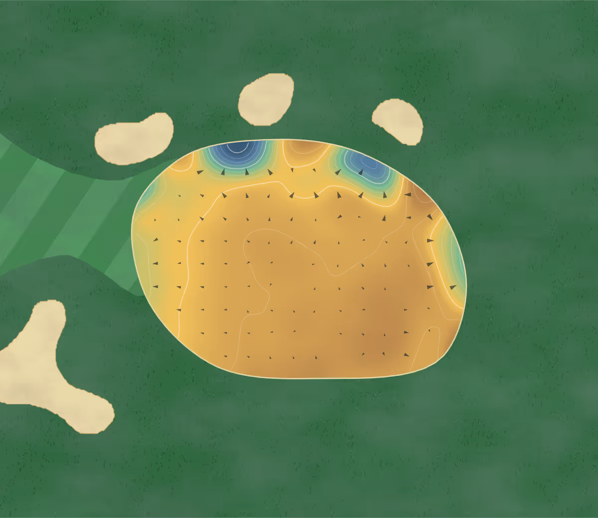 Green contour map of Barnham Broom in Norwich, England: 214 elevation contours at a 8-centimeter interval with fall-line arrows, traced from 1-meter lidar