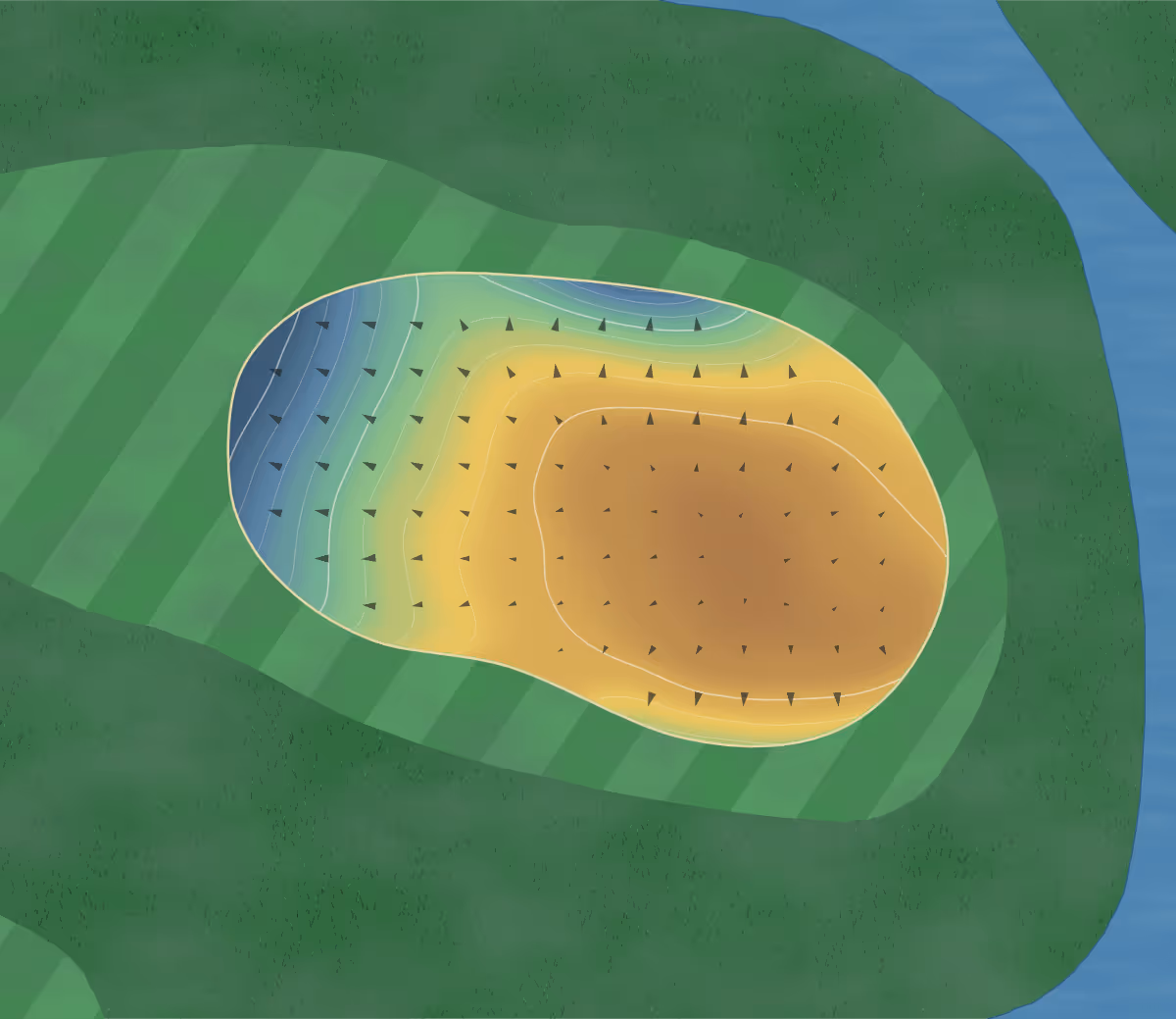 Green contour map of Barnyard 9 in Prairie du Chien, Florida: 64 elevation contours at a 3-inch interval with fall-line arrows, traced from 1-meter lidar