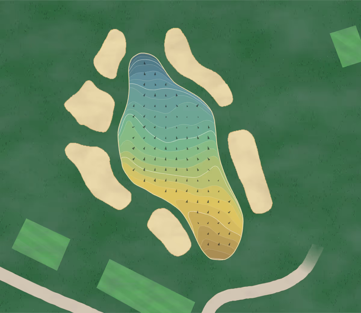 Green contour map of Barton Hills in Ann Arbor, Michigan — 245 elevation contours at a 3-inch interval with fall-line arrows, traced from 1-meter lidar