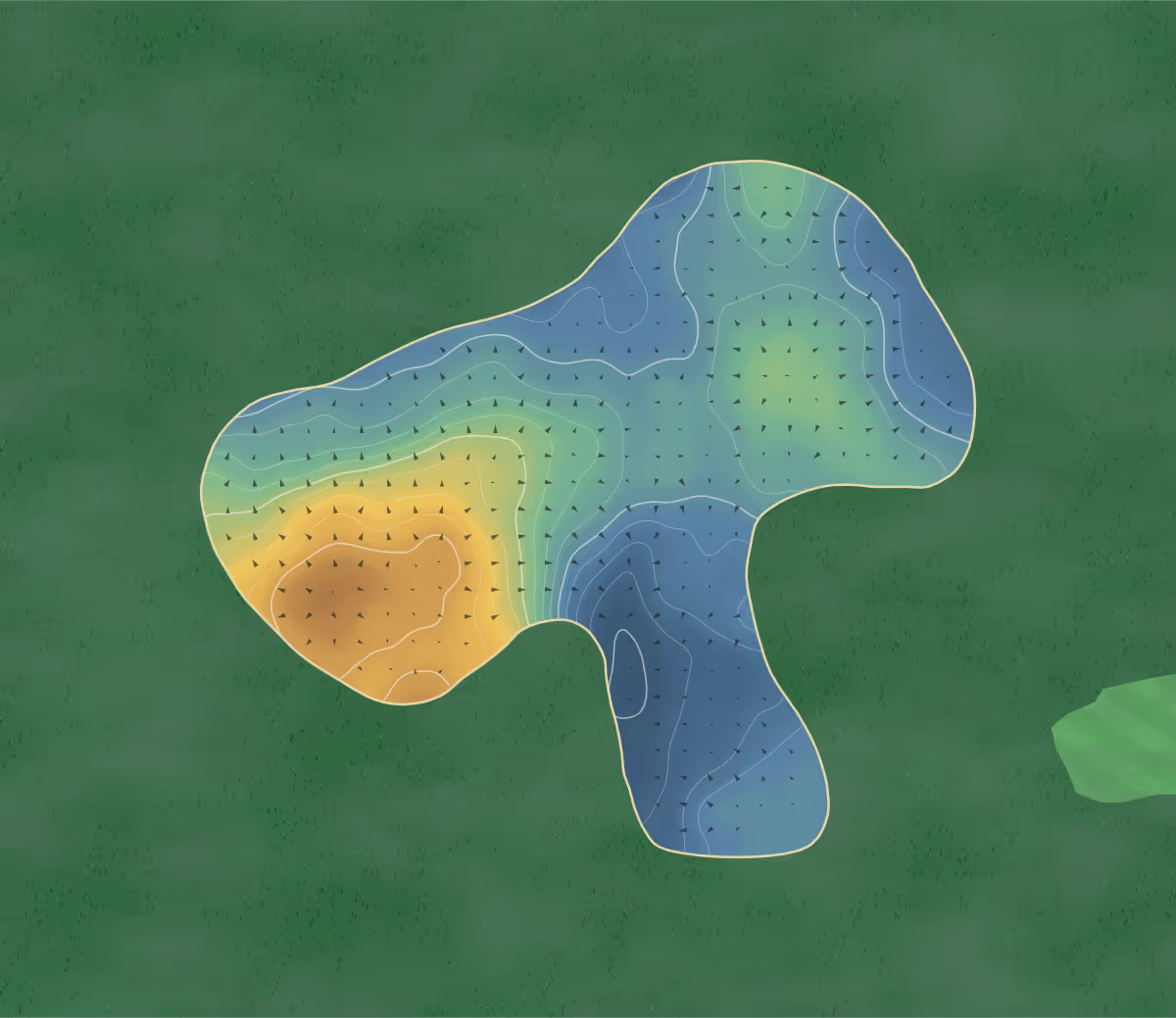 Green contour map of Basildon in Basildon, England: 175 elevation contours at a 8-centimeter interval with fall-line arrows, traced from 1-meter lidar