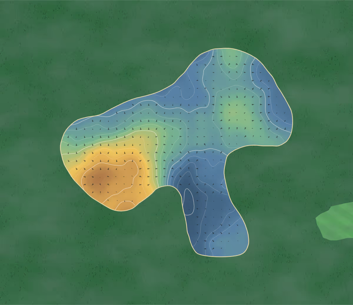 Green contour map of Basildon in Basildon, England — 179 elevation contours at a 8-centimeter interval with fall-line arrows, traced from 1-meter lidar