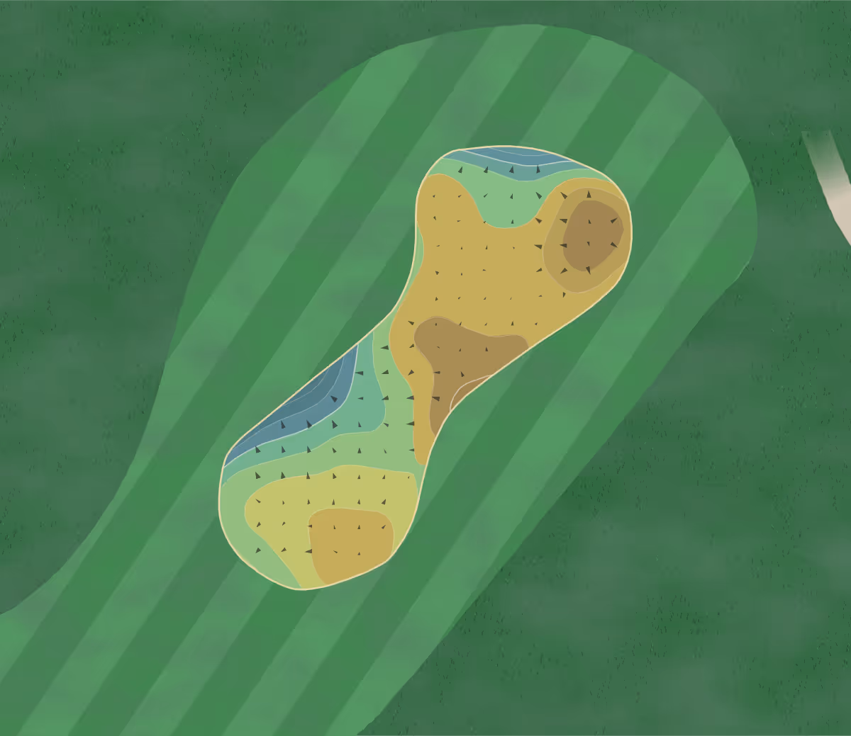 Green contour map of Basset Down in Wiltshire, England — 95 elevation contours at a 8-centimeter interval with fall-line arrows, traced from 1-meter lidar