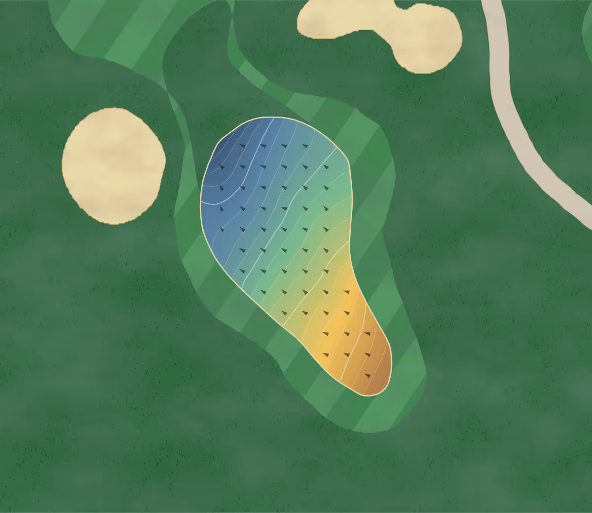 Green contour map of Batchworth Park in Rickmansworth, England — 83 elevation contours at a 8-centimeter interval with fall-line arrows, traced from 1-meter lidar