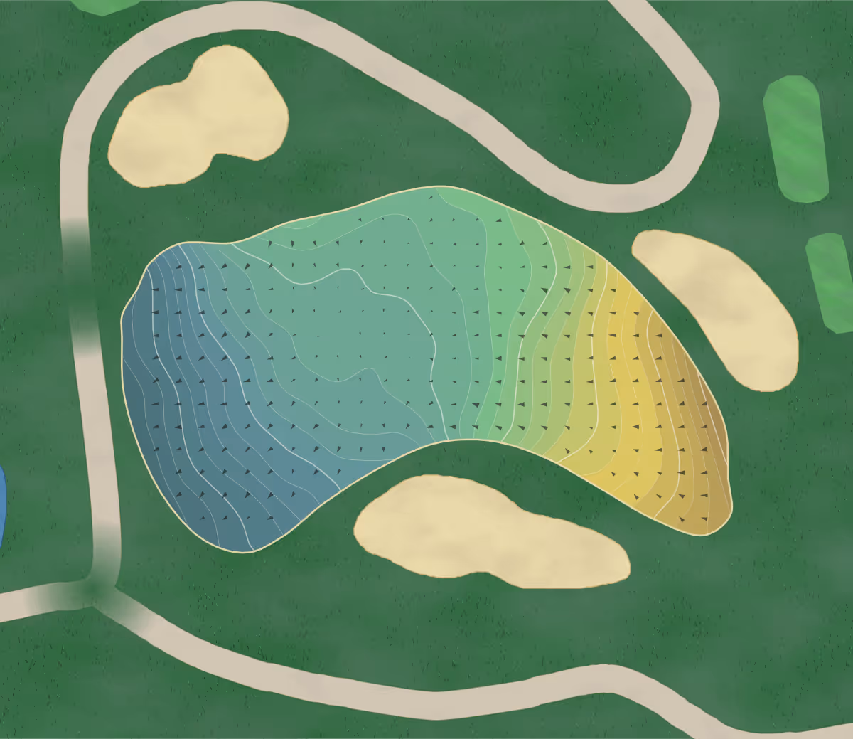 Green contour map of Bath GC in Bath, Maine — 235 elevation contours at a 3-inch interval with fall-line arrows, traced from 1-meter lidar