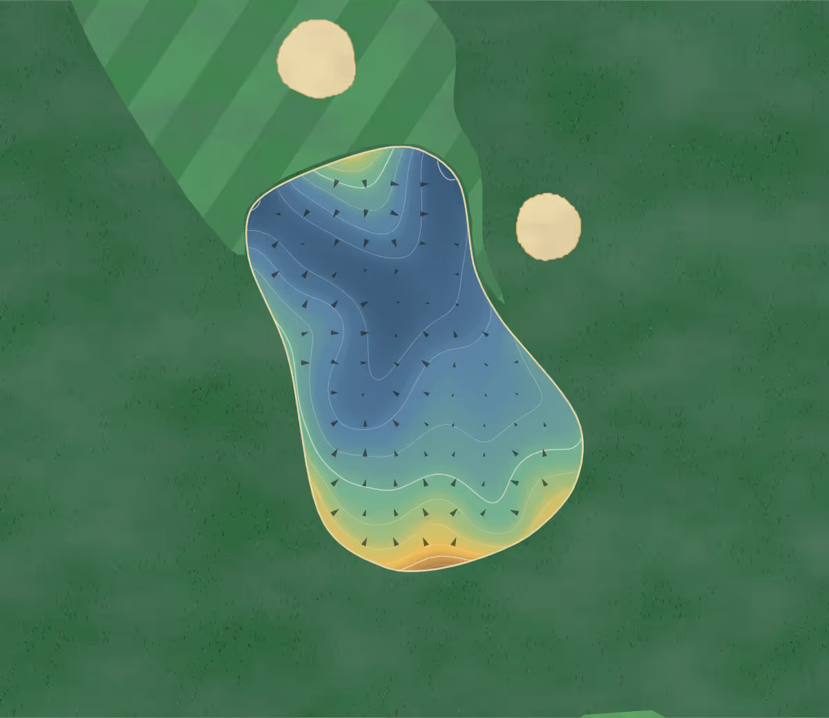 Green contour map of Bathurst Glen in Richmond Hill, Canada: 179 elevation contours at a 8-centimeter interval with fall-line arrows, traced from 1-meter lidar