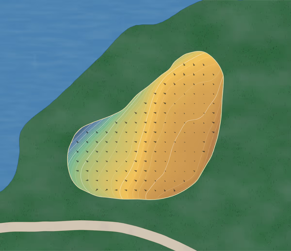 Green contour map of Battle Creek in Marysville, Washington — 202 elevation contours at a 3-inch interval with fall-line arrows, traced from 1-meter lidar
