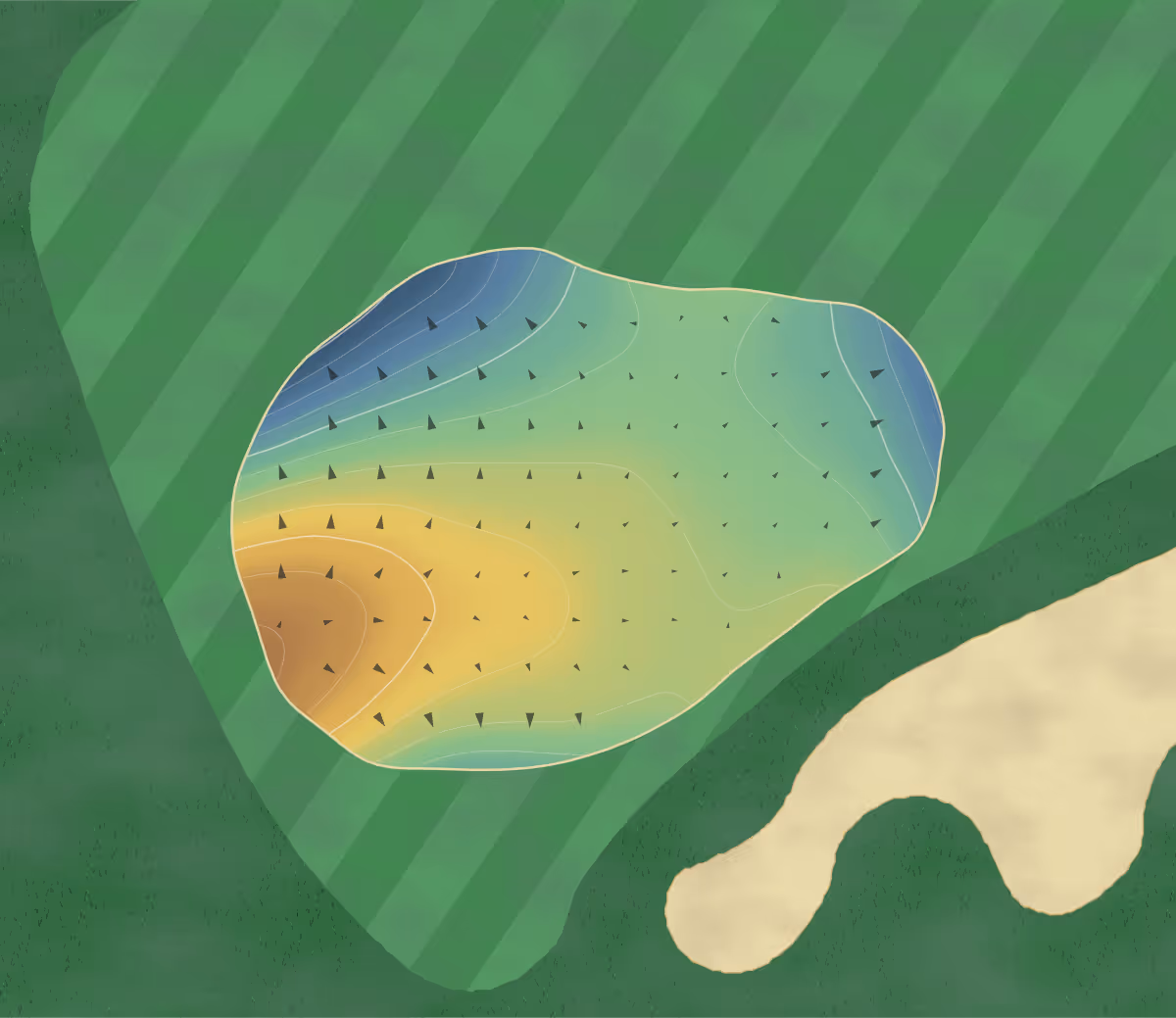 Green contour map of Battle Ground in Battleground, Indiana — 108 elevation contours at a 3-inch interval with fall-line arrows, traced from 1-meter lidar