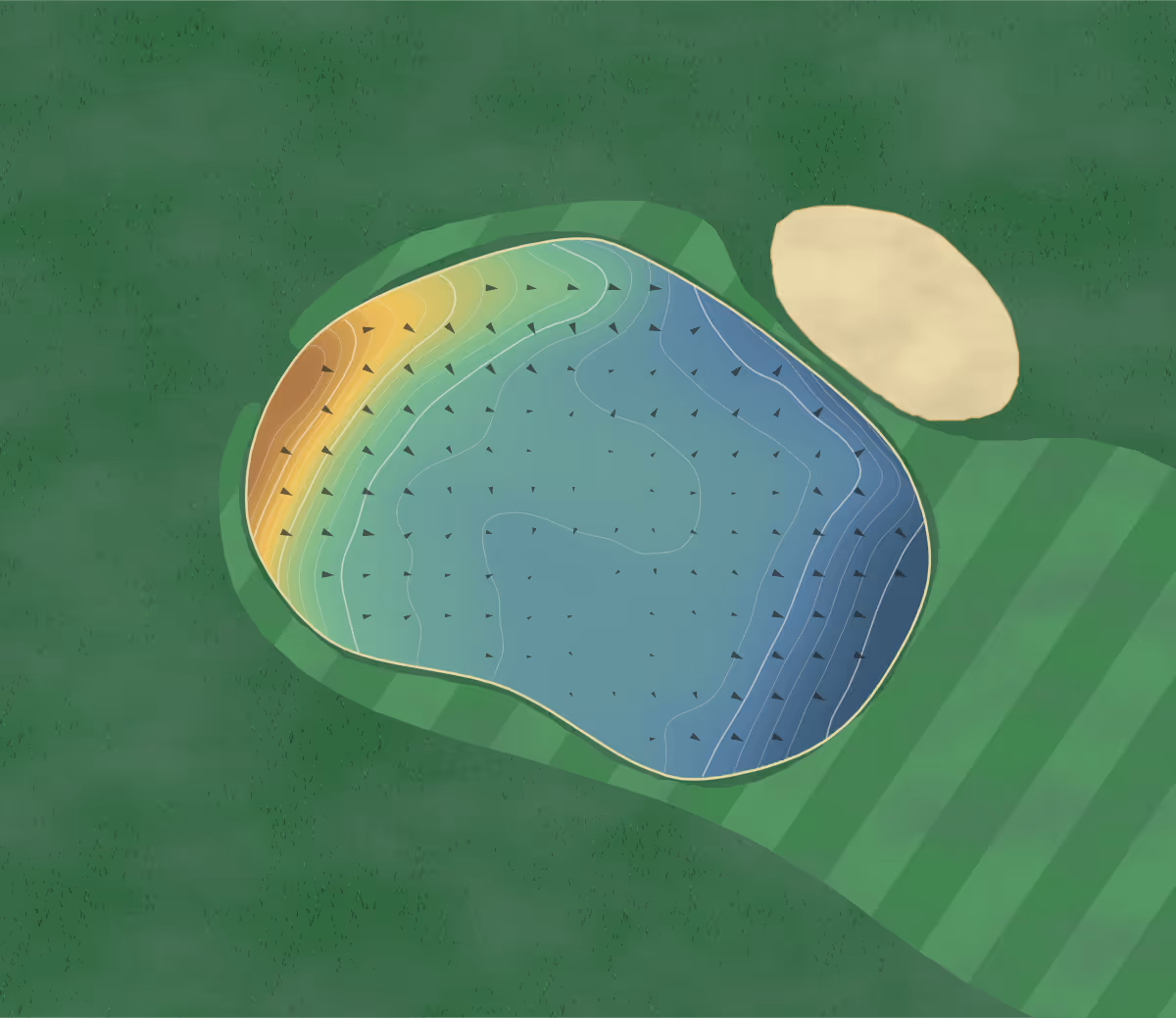 Green contour map of Bawtry in Yorkshire, England — 136 elevation contours at a 8-centimeter interval with fall-line arrows, traced from 1-meter lidar