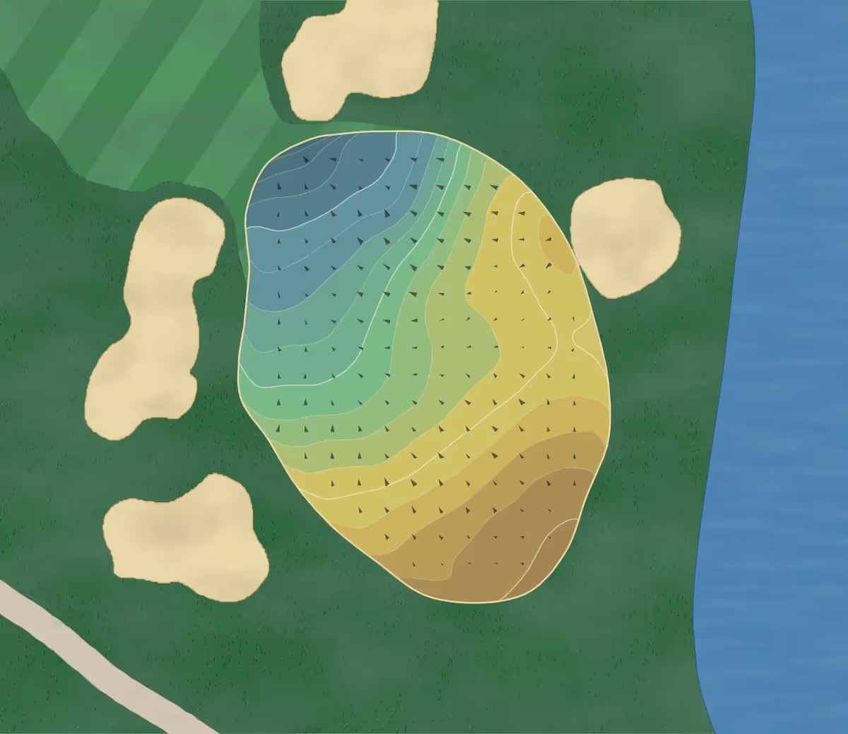 Green contour map of Bay Club in Mattapoisett, Massachusetts — 200 elevation contours at a 3-inch interval with fall-line arrows, traced from 1-meter lidar