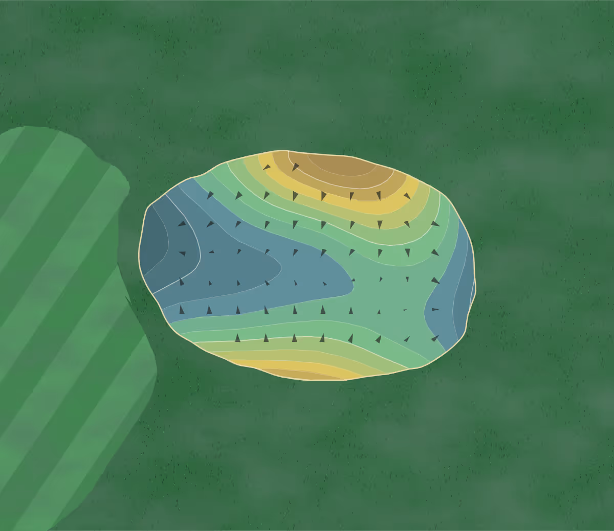 Green contour map of Bay Meadows in Traverse City, Michigan — 214 elevation contours at a 3-inch interval with fall-line arrows, traced from 1-meter lidar