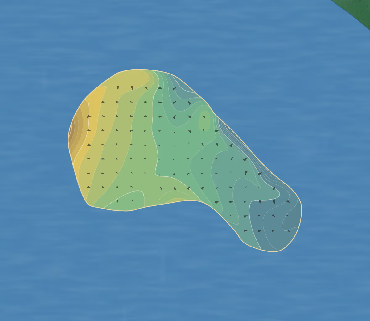 Green contour map of Bay Pointe in Onset Beach, Massachusetts — 237 elevation contours at a 3-inch interval with fall-line arrows, traced from 1-meter lidar