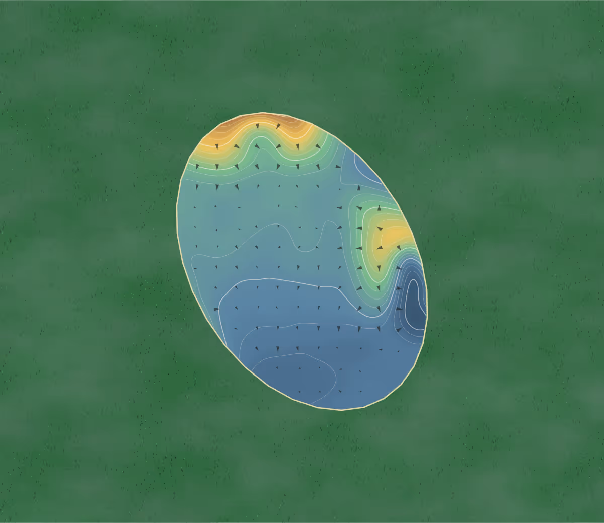 Green contour map of Bay View Park Golf Course in Seaford, United Kingdom: 21 elevation contours at a 8-centimeter interval with fall-line arrows, traced from 1-meter lidar