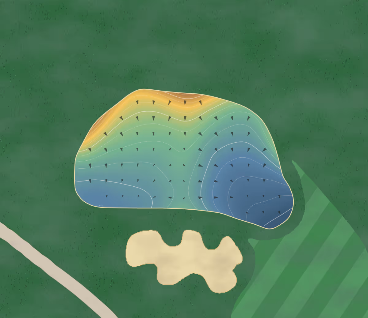 Green contour map of Bayberry Hills in West Yarmouth, Massachusetts — 97 elevation contours at a 3-inch interval with fall-line arrows, traced from 1-meter lidar