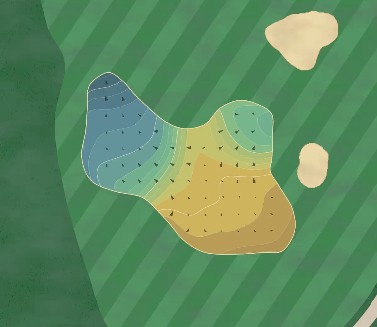 Green contour map of Baylands in Palo Alto, California — 216 elevation contours at a 3-inch interval with fall-line arrows, traced from 1-meter lidar