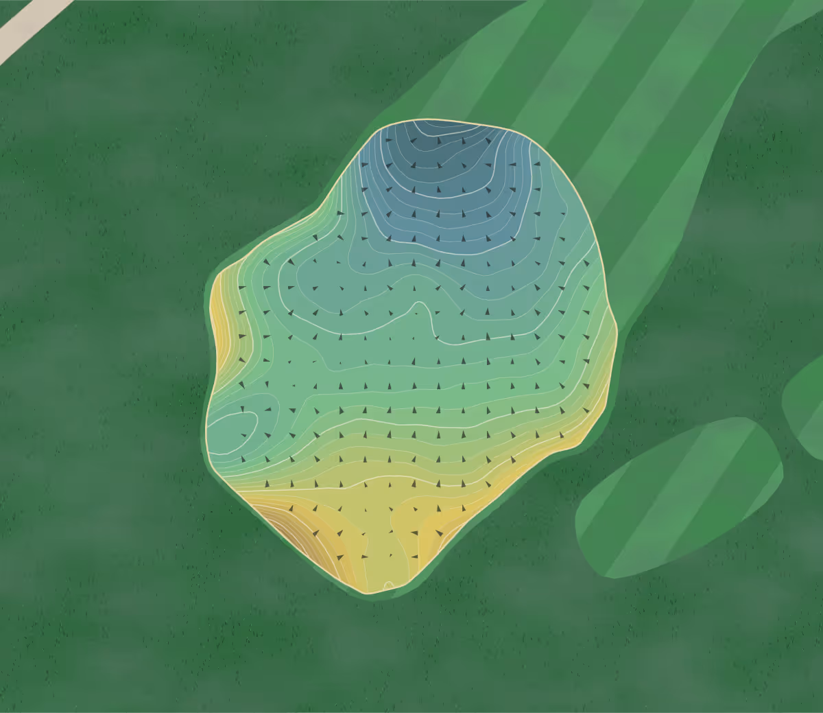 Green contour map of Bayonne GC in Bayonne, New Jersey — 424 elevation contours at a 3-inch interval with fall-line arrows, traced from 1-meter lidar