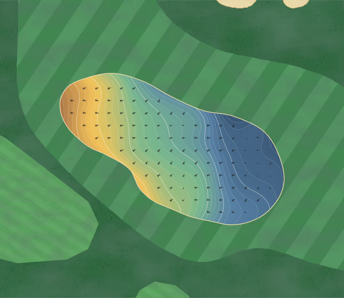 Green contour map of Bayside Golf in Brule, Nebraska — 302 elevation contours at a 3-inch interval with fall-line arrows, traced from 1-meter lidar