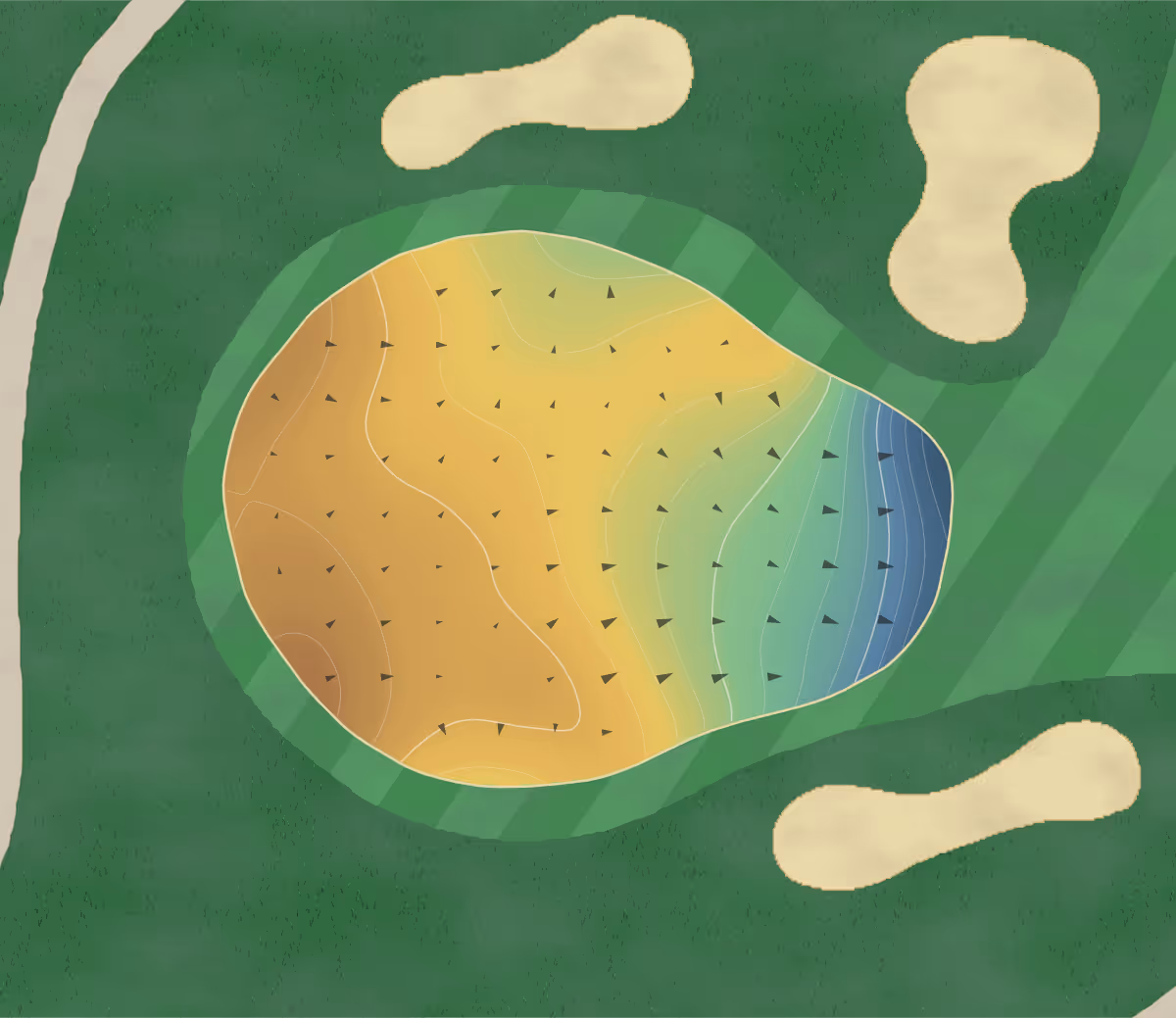 Green contour map of Baytree National in Melbourne, Florida: 66 elevation contours at a 3-inch interval with fall-line arrows, traced from 1-meter lidar