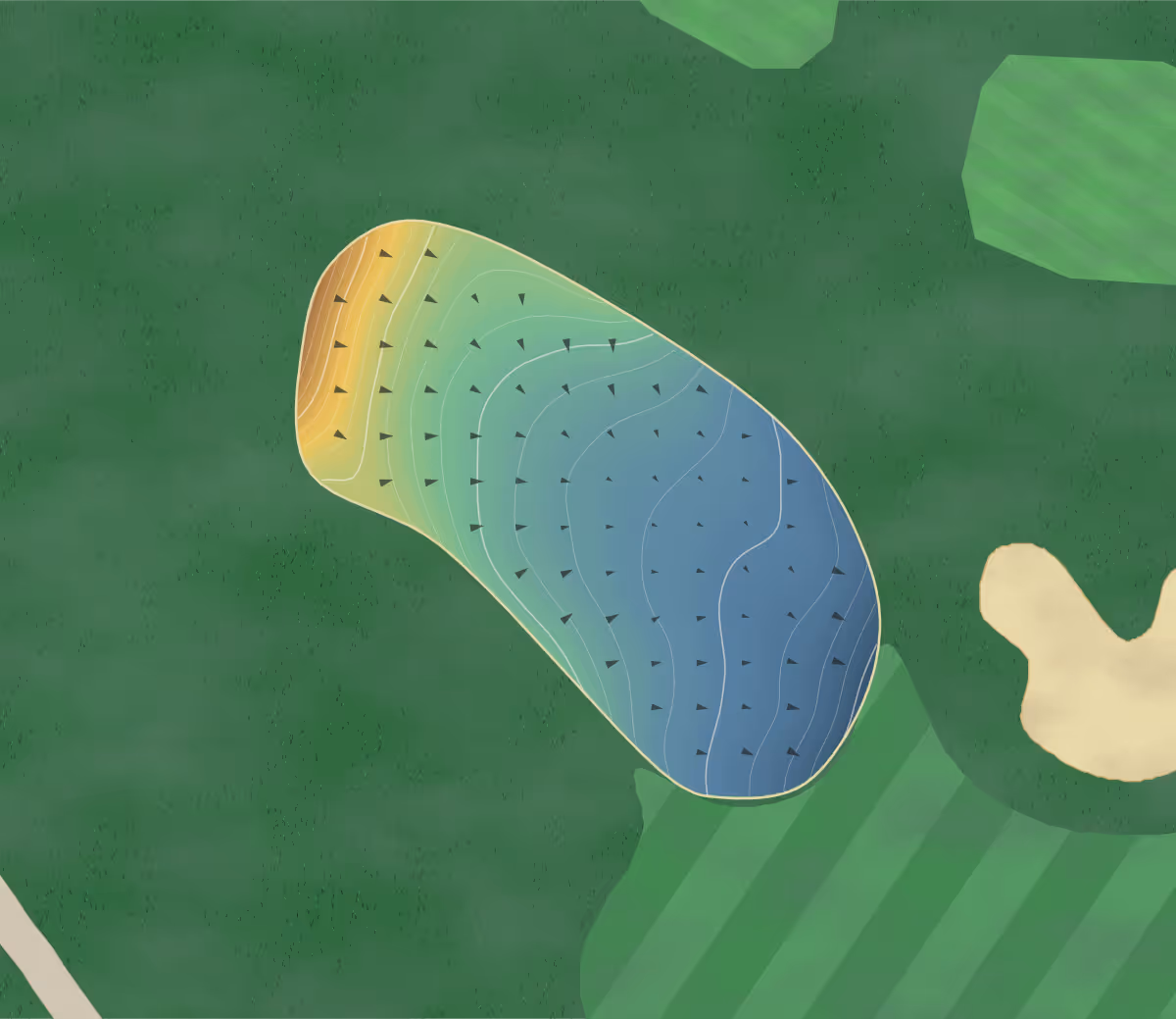 Green contour map of Bayview in Thornhill, Canada — 200 elevation contours at a 8-centimeter interval with fall-line arrows, traced from 1-meter lidar