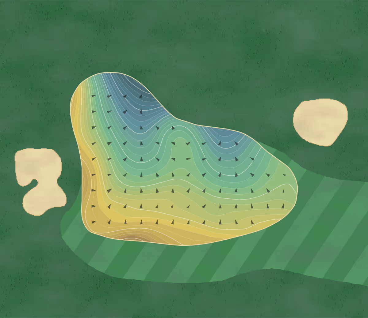 Green contour map of Bayville GC in Virginia Beach, Virginia — 388 elevation contours at a 3-inch interval with fall-line arrows, traced from 1-meter lidar