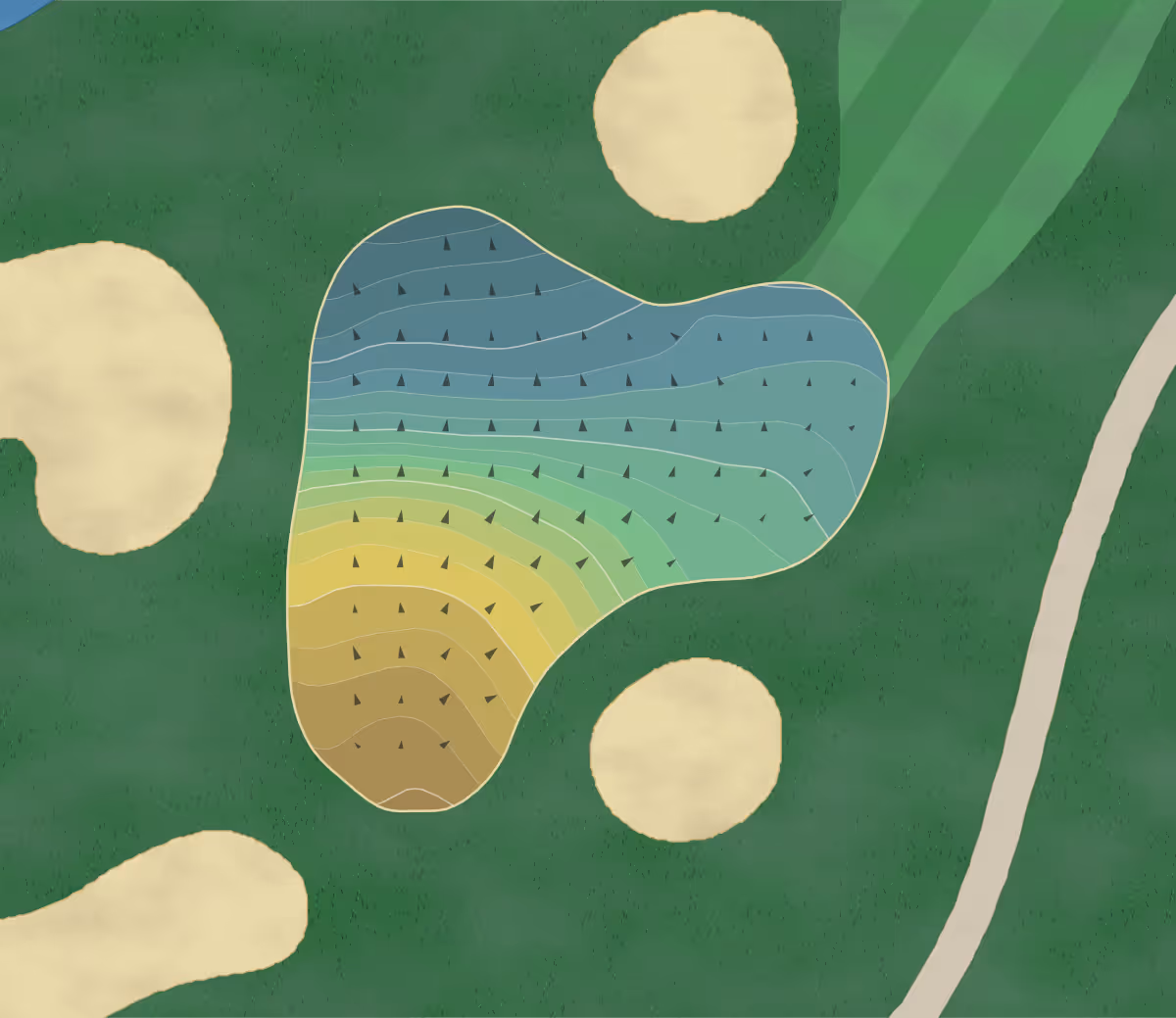 Green contour map of Baywood Greens in Long Neck, Delaware — 241 elevation contours at a 3-inch interval with fall-line arrows, traced from 1-meter lidar