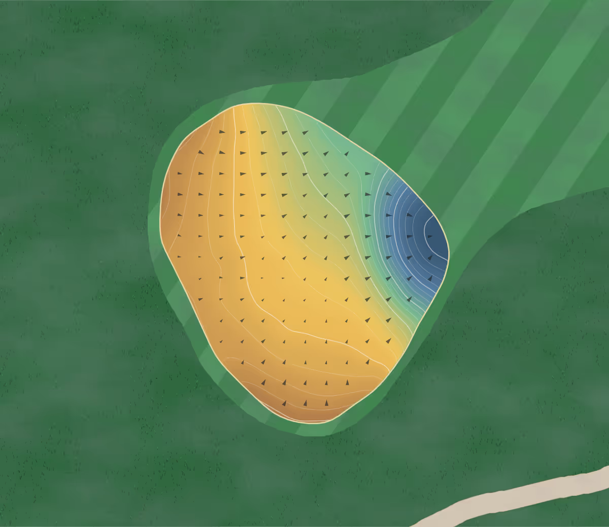 Green contour map of Beacon Hall in Aurora, Canada — 197 elevation contours at a 8-centimeter interval with fall-line arrows, traced from 1-meter lidar