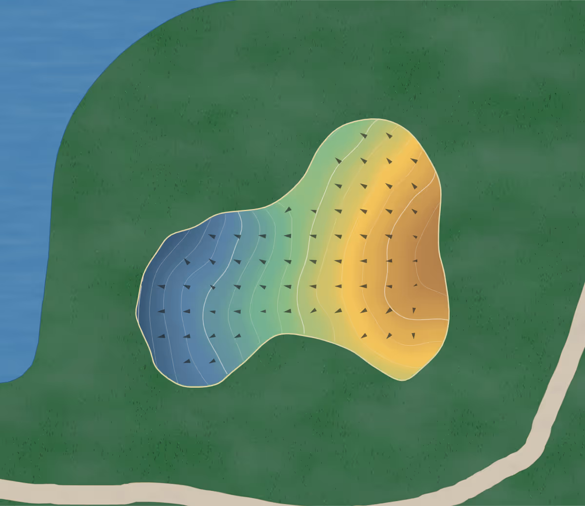 Green contour map of Beacon Hill in Commerce Township, Michigan: 162 elevation contours at a 3-inch interval with fall-line arrows, traced from 1-meter lidar