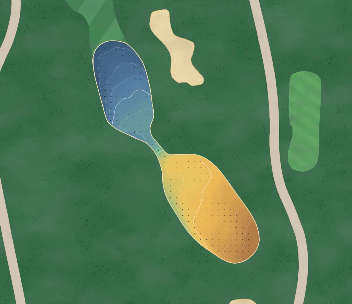 Green contour map of Bear Creek in Canada — 96 elevation contours at a 8-centimeter interval with fall-line arrows, traced from 1-meter lidar