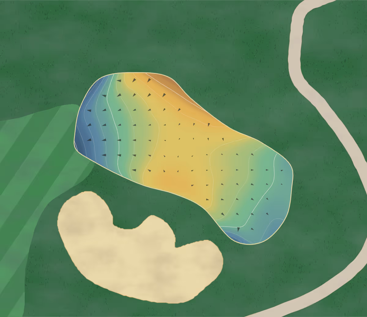 Green contour map of Bear Creek in Barrie, Canada — 86 elevation contours at a 8-centimeter interval with fall-line arrows, traced from 1-meter lidar