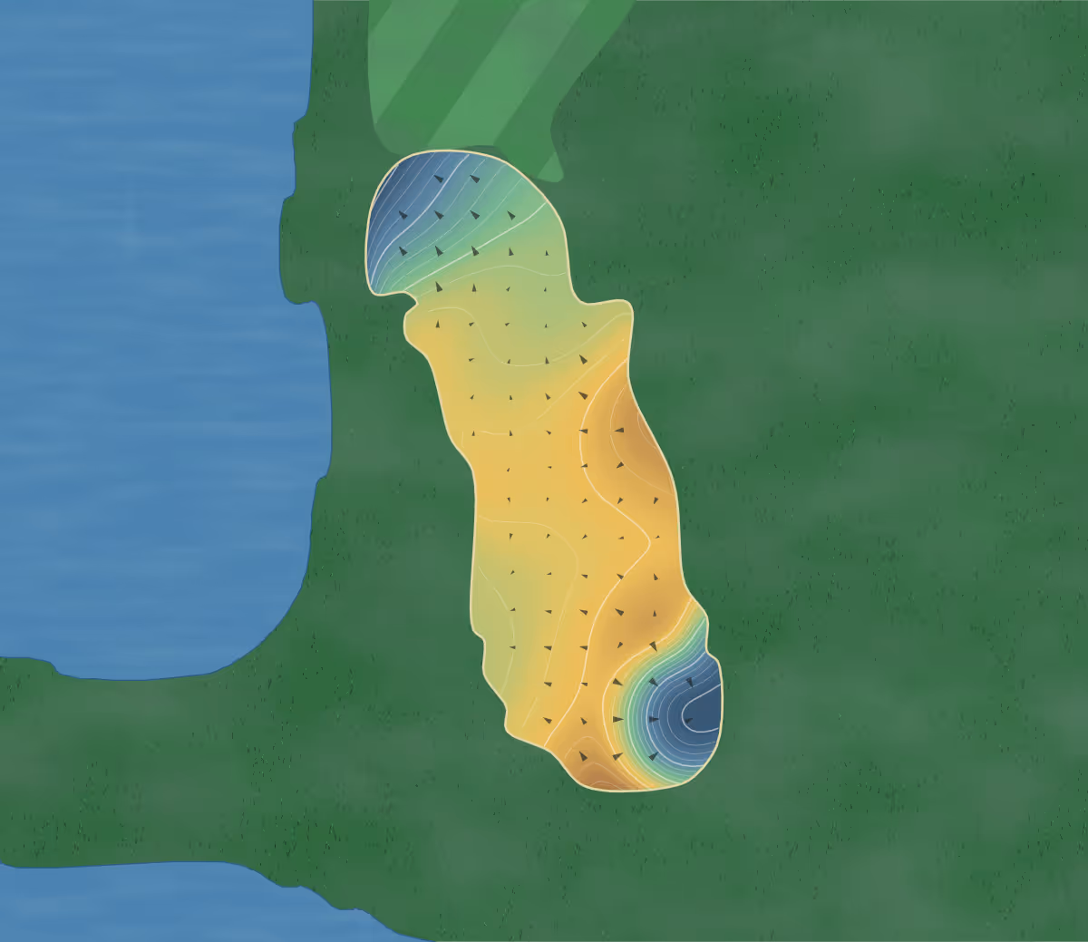 Green contour map of Bear Lakes in West Palm Beach, Florida: 484 elevation contours at a 3-inch interval with fall-line arrows, traced from 1-meter lidar