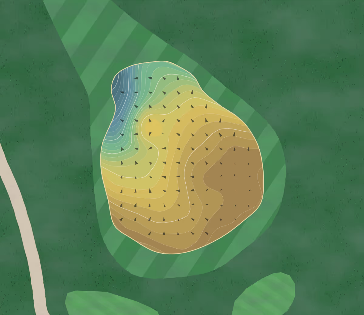 Green contour map of Bear Mountain in Big Bear Lake, California — 135 elevation contours at a 3-inch interval with fall-line arrows, traced from 1-meter lidar